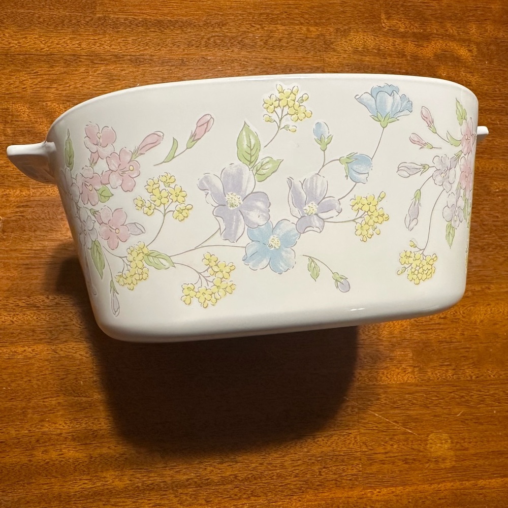 Vintage CorningWare casserole dish in the "Pastel Bouquet" pattern